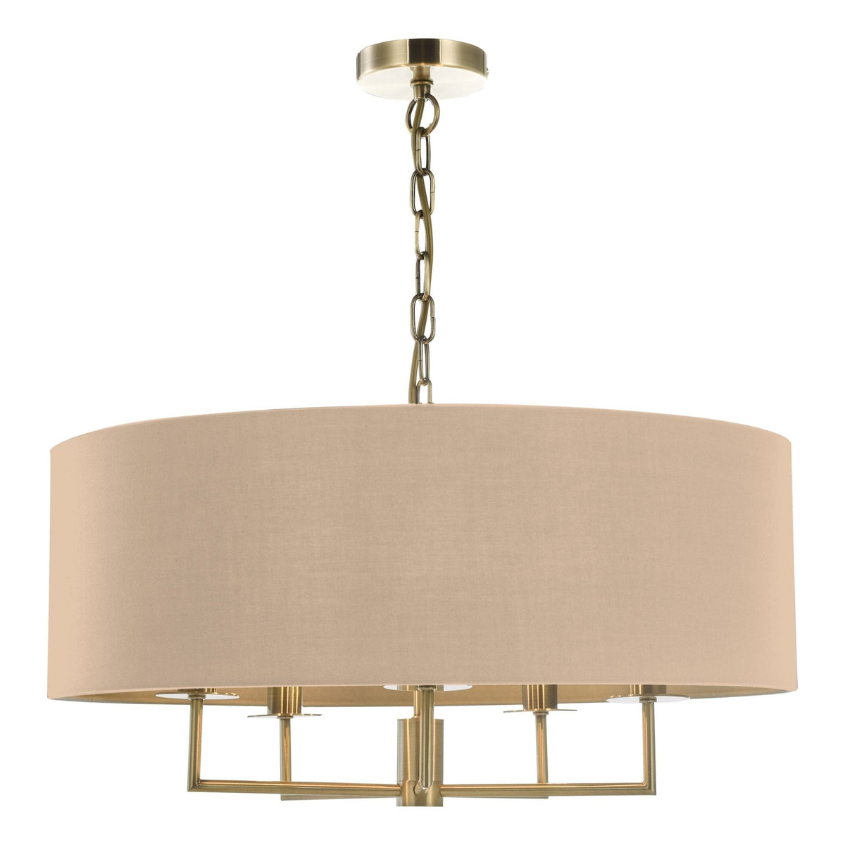 Jamelia 5 Light Pendant In Antique Brass with Taupe Shade