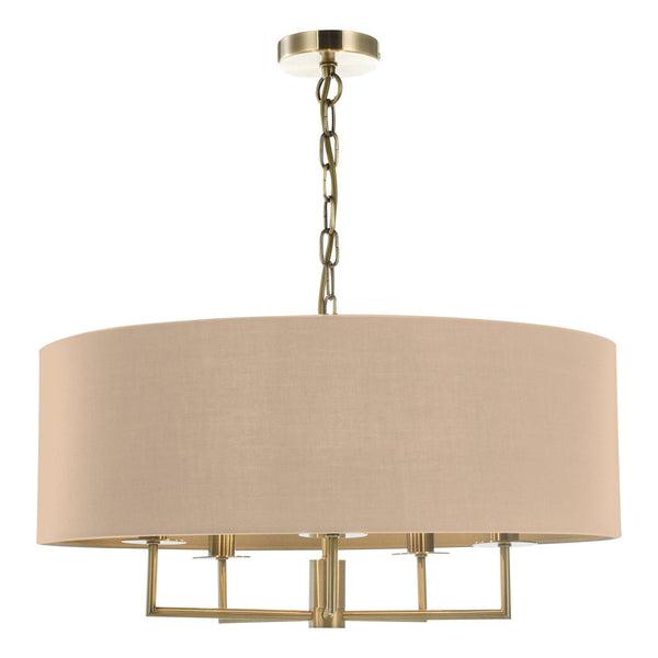Jamelia 5 Light Pendant In Antique Brass with Taupe Shade
