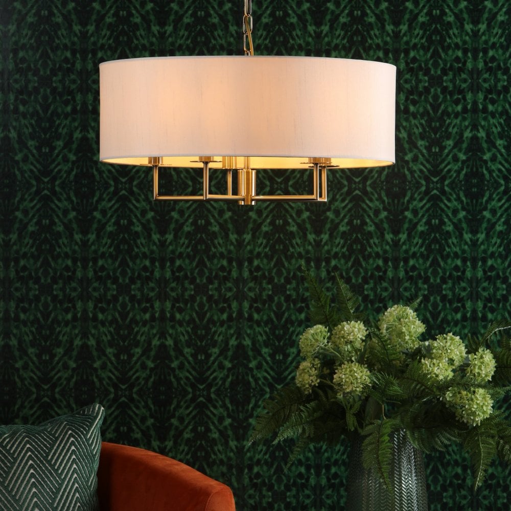 Jamelia 5 Light Pendant In Antique Brass with Taupe Shade