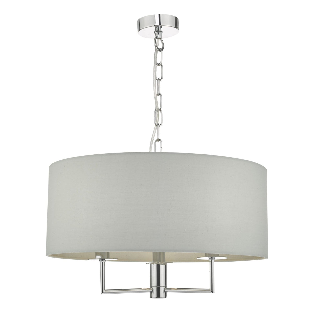 Drum pendant light with a white fabric shade and chrome accents.