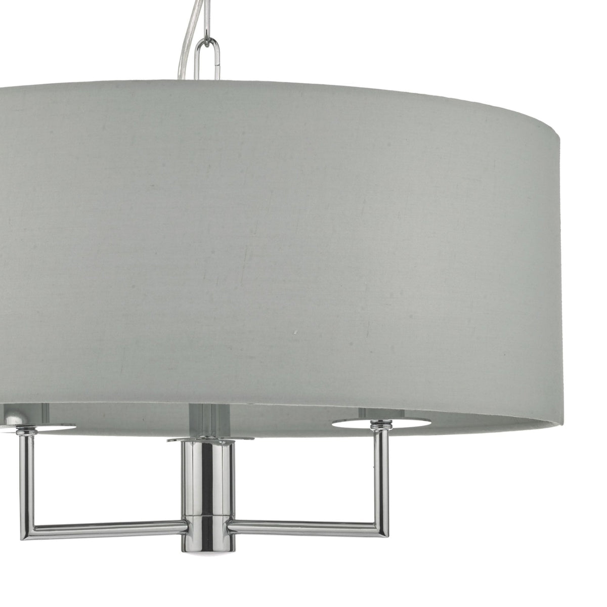 Close-up of a light gray drum pendant light with chrome accents on a white background.