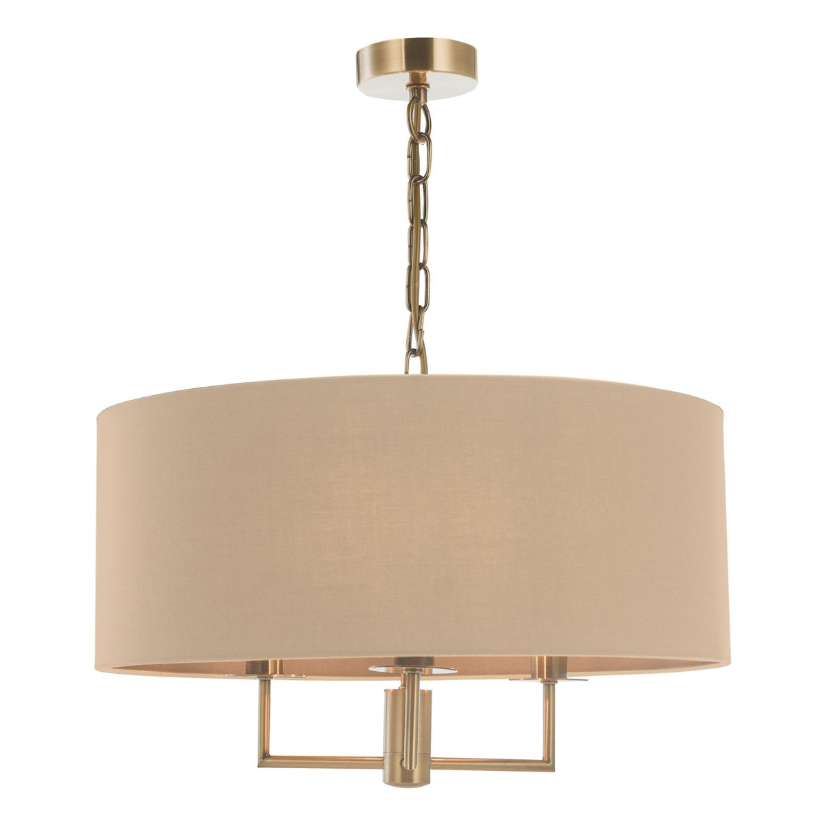 A modern chandelier with a large, round, beige fabric shade and a brushed brass chain and frame.