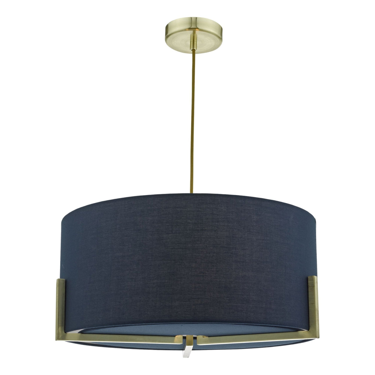 Navy blue drum pendant light with a gold frame and ceiling rose.