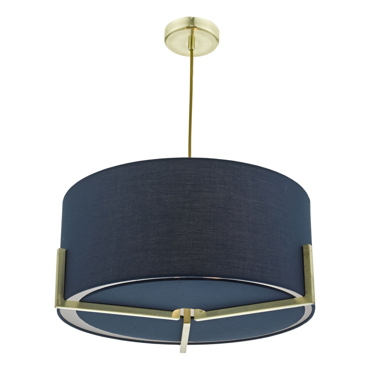 Navy blue drum pendant light with a gold frame and ceiling mount.