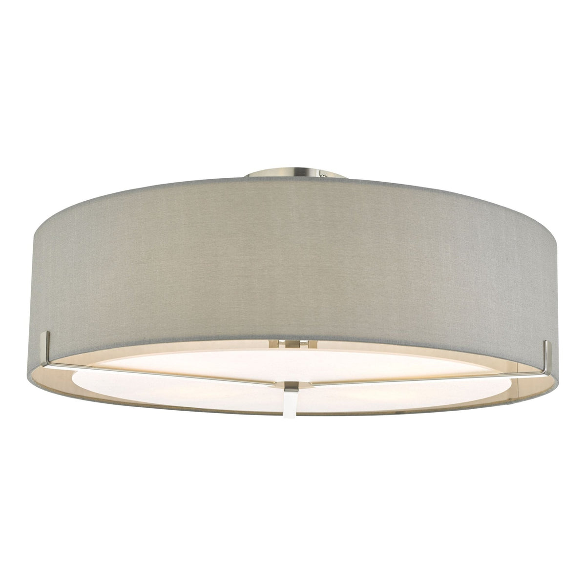 Round ceiling light with a gray fabric shade and brushed nickel accents.