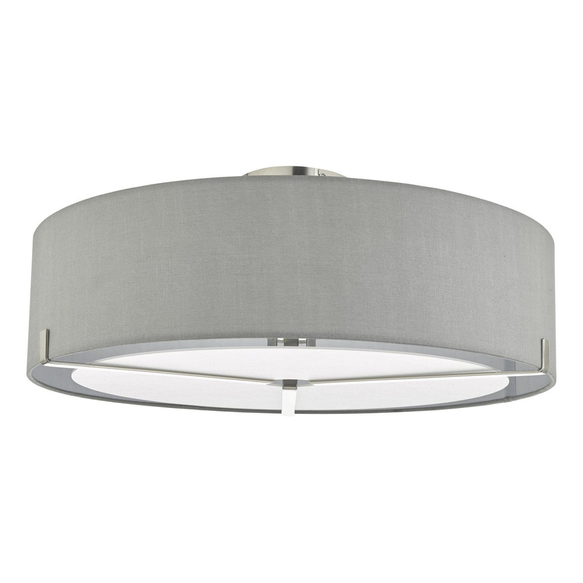 Gray fabric drum shade ceiling light with brushed nickel accents on a white background.