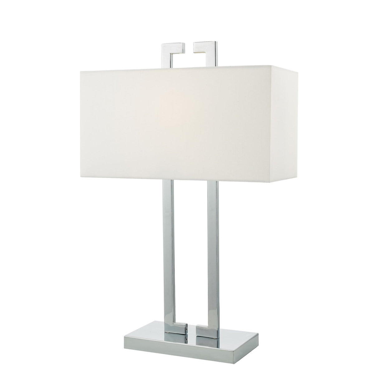 Chrome table lamp with a rectangular white fabric shade and two parallel rectangular posts.