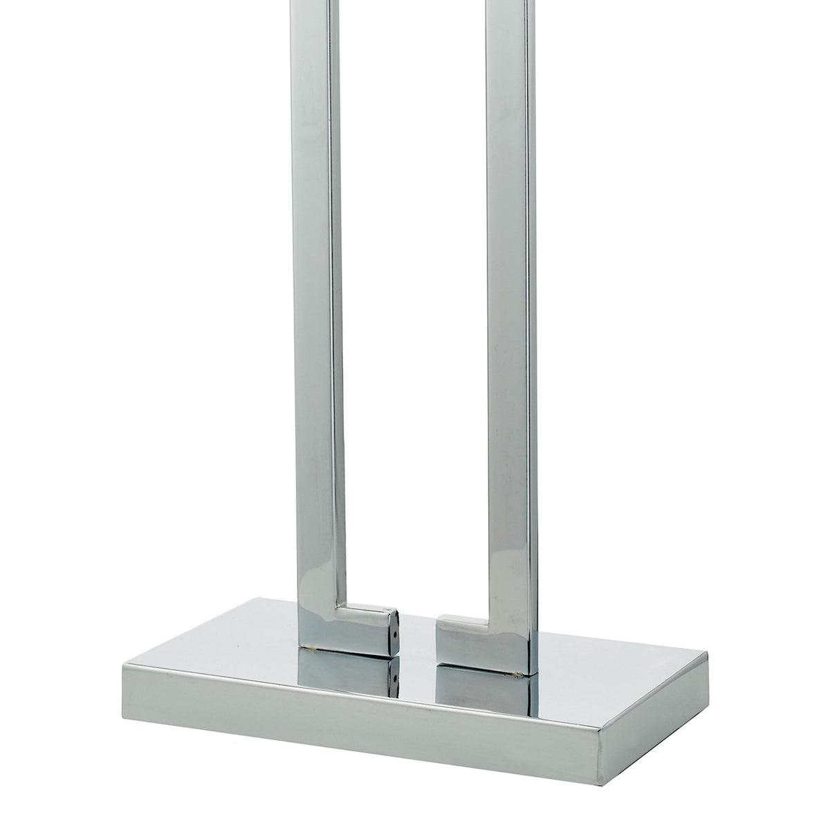 Close-up of a chrome towel holder base with two vertical bars.
