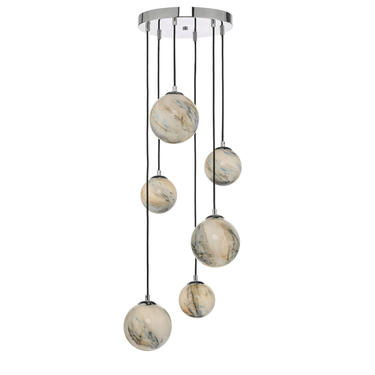 Mikara 6 Light Cluster Pendant In Polished Chrome With Marble Effect Glass Shades