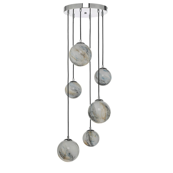 Mikara 6 Light Cluster Pendant In Polished Chrome With Marble Effect Glass Shades