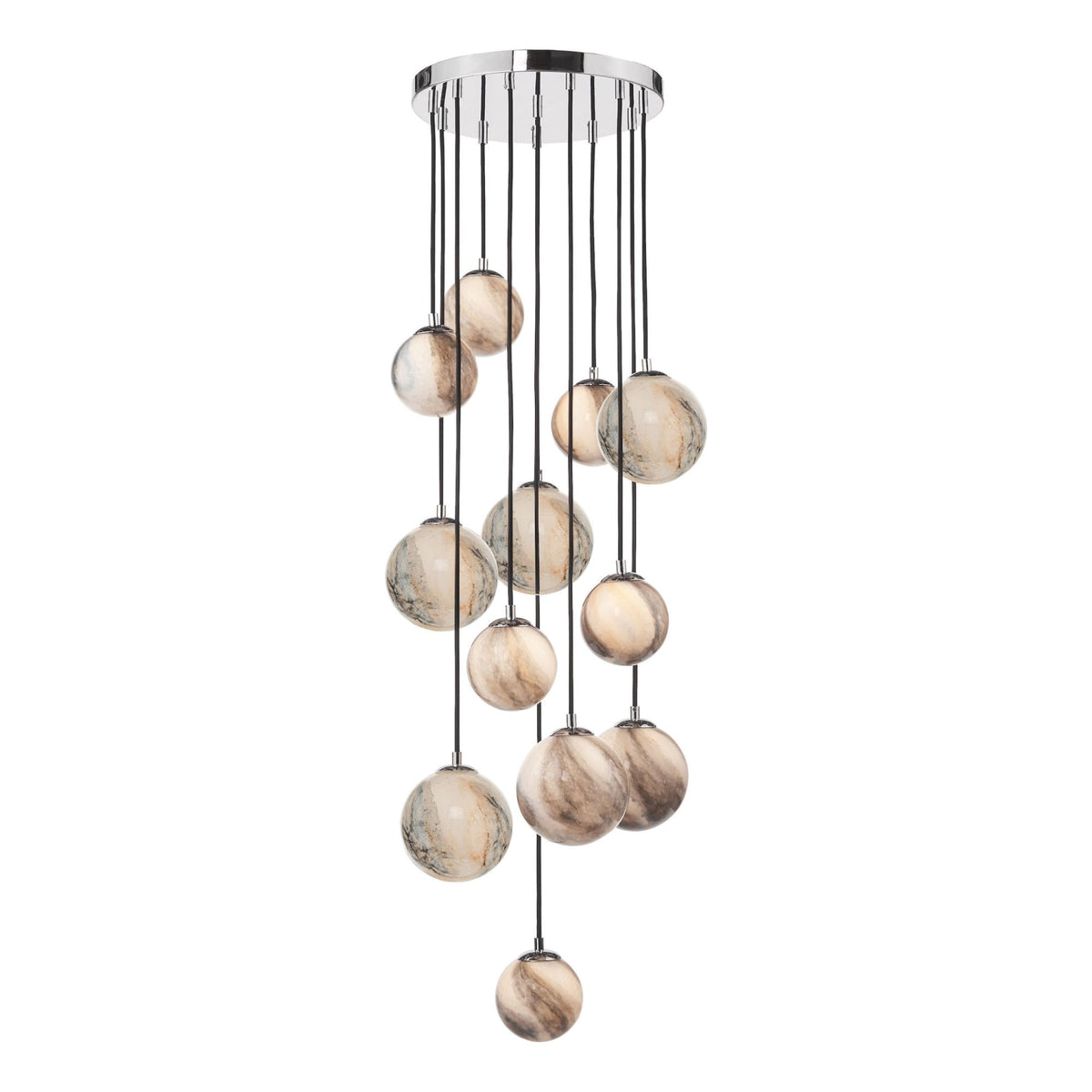 Mikara 12 Light Cluster Pendant In Polished Chrome With Marble Effect Glass Shades
