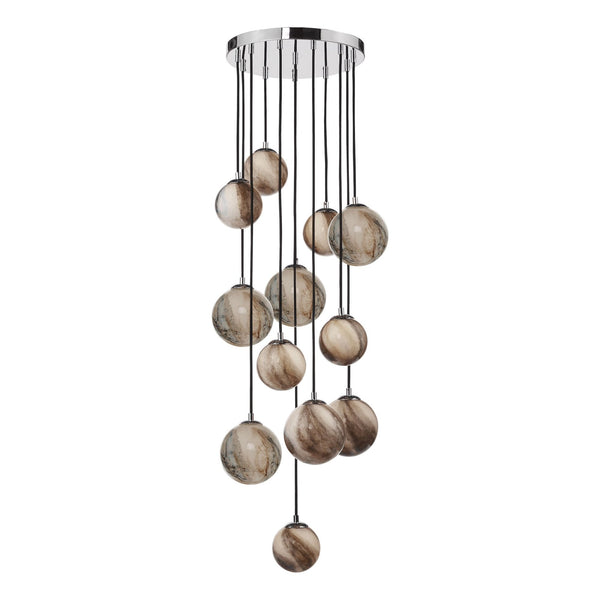 Mikara 12 Light Cluster Pendant In Polished Chrome With Marble Effect Glass Shades