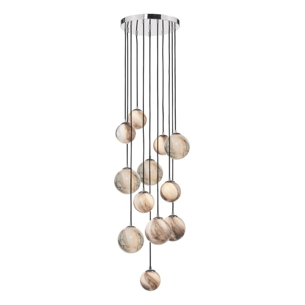 Mikara 12 Light Long Cluster Pendant In Polished Chrome With Marble Effect Glass Shades