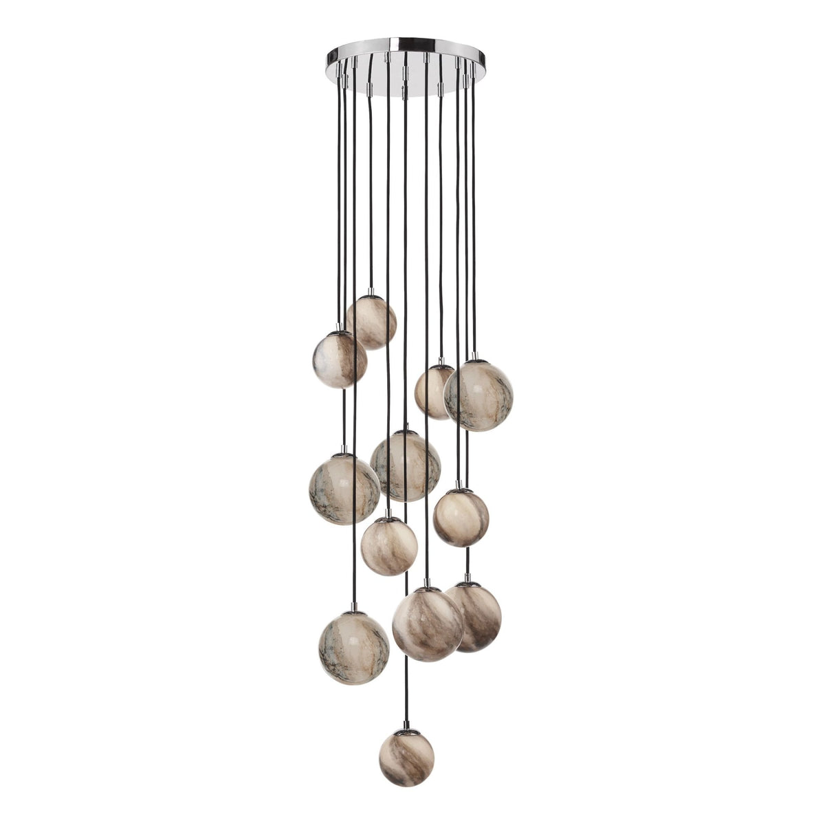 Mikara 12 Light Long Cluster Pendant In Polished Chrome With Marble Effect Glass Shades