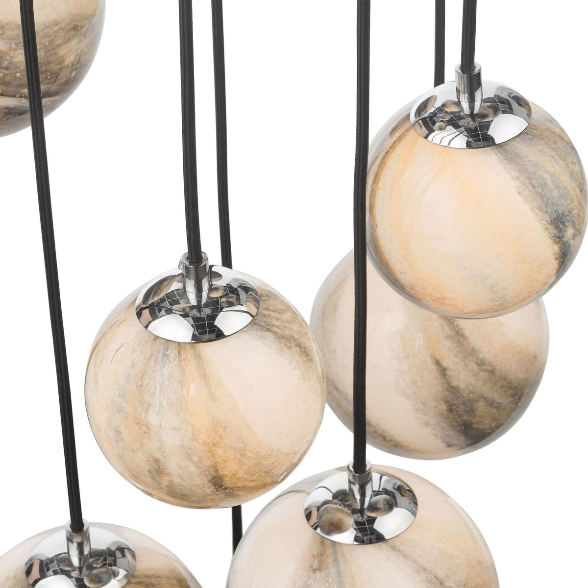 Mikara 12 Light Long Cluster Pendant In Polished Chrome With Marble Effect Glass Shades