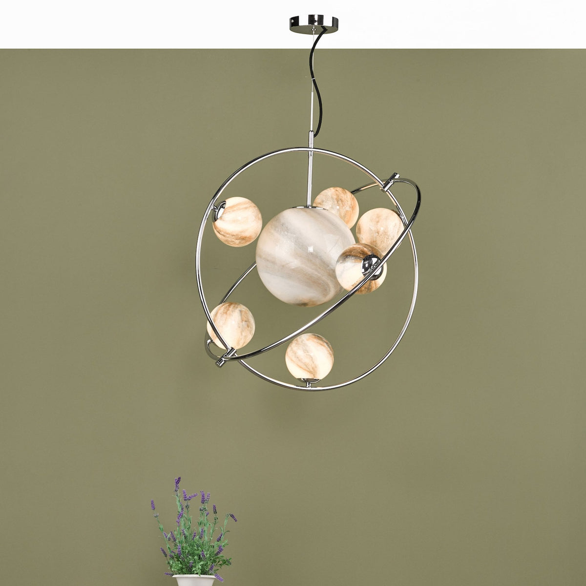 Mikara 7 Light Pendant In Polished Chrome With Marble Effect Glass Shades