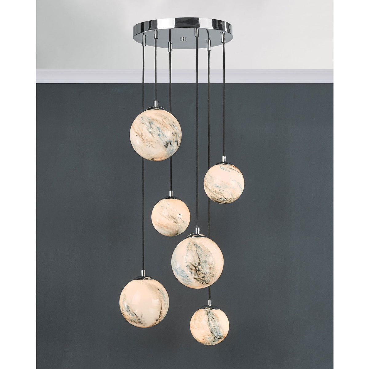 Mikara 6 Light Cluster Pendant In Polished Chrome With Marble Effect Glass Shades