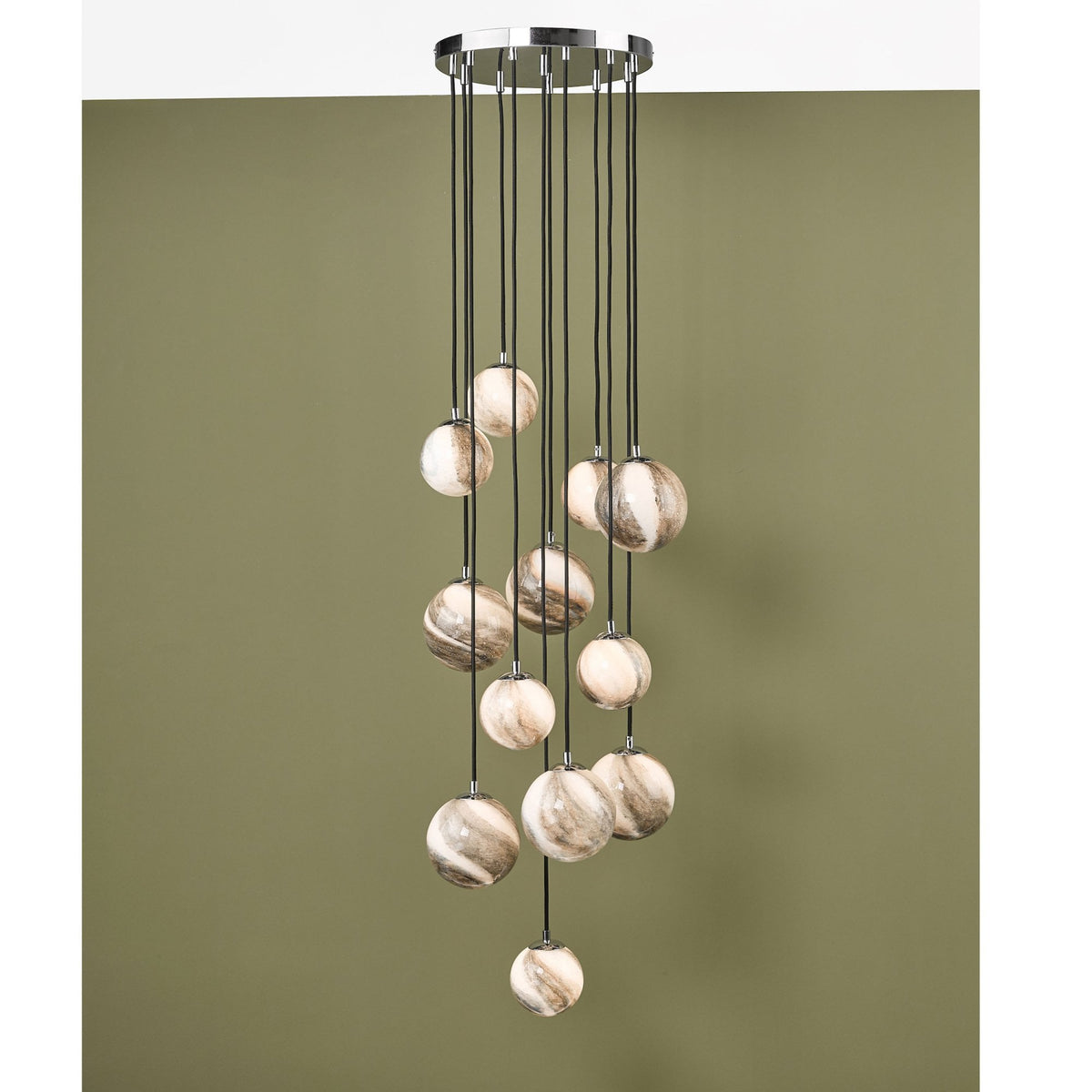 Mikara 12 Light Long Cluster Pendant In Polished Chrome With Marble Effect Glass Shades