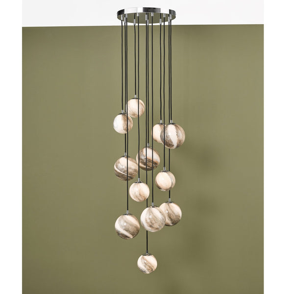 Mikara 12 Light Long Cluster Pendant In Polished Chrome With Marble Effect Glass Shades