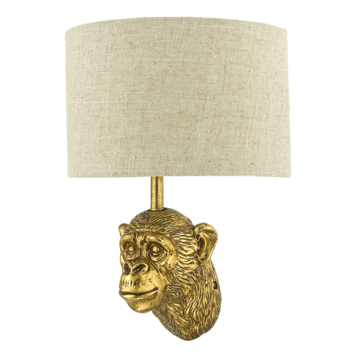 Gold monkey head wall sconce with a natural linen drum shade.