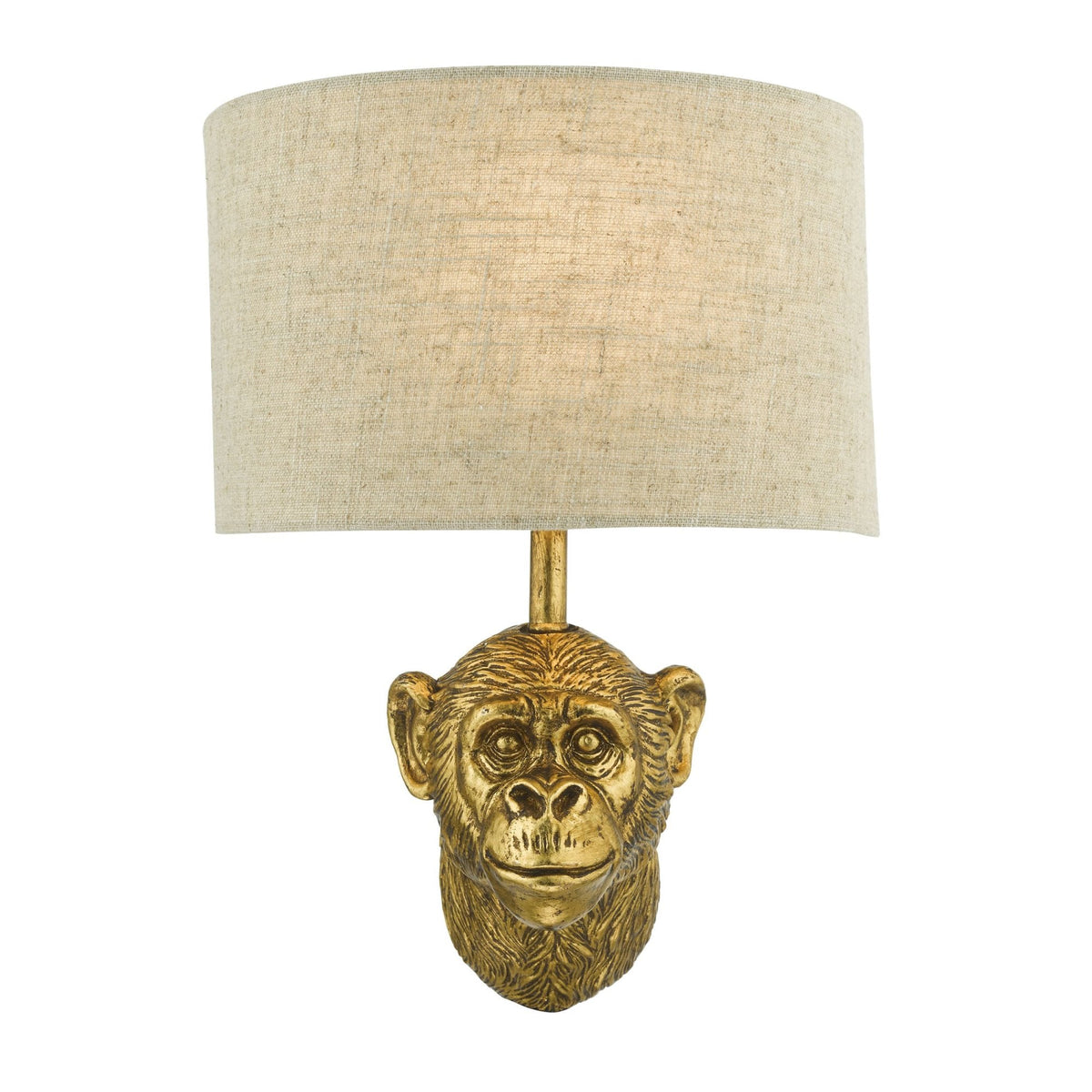 Gold monkey head wall sconce with a natural linen drum shade.