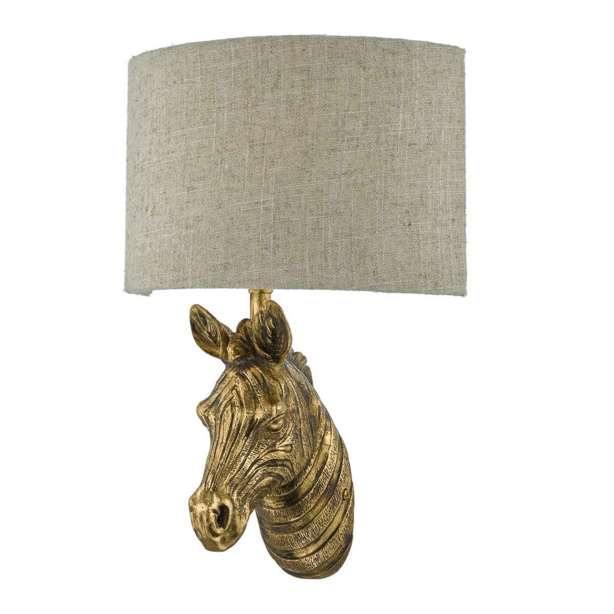 Gold zebra head lamp with a beige fabric shade.