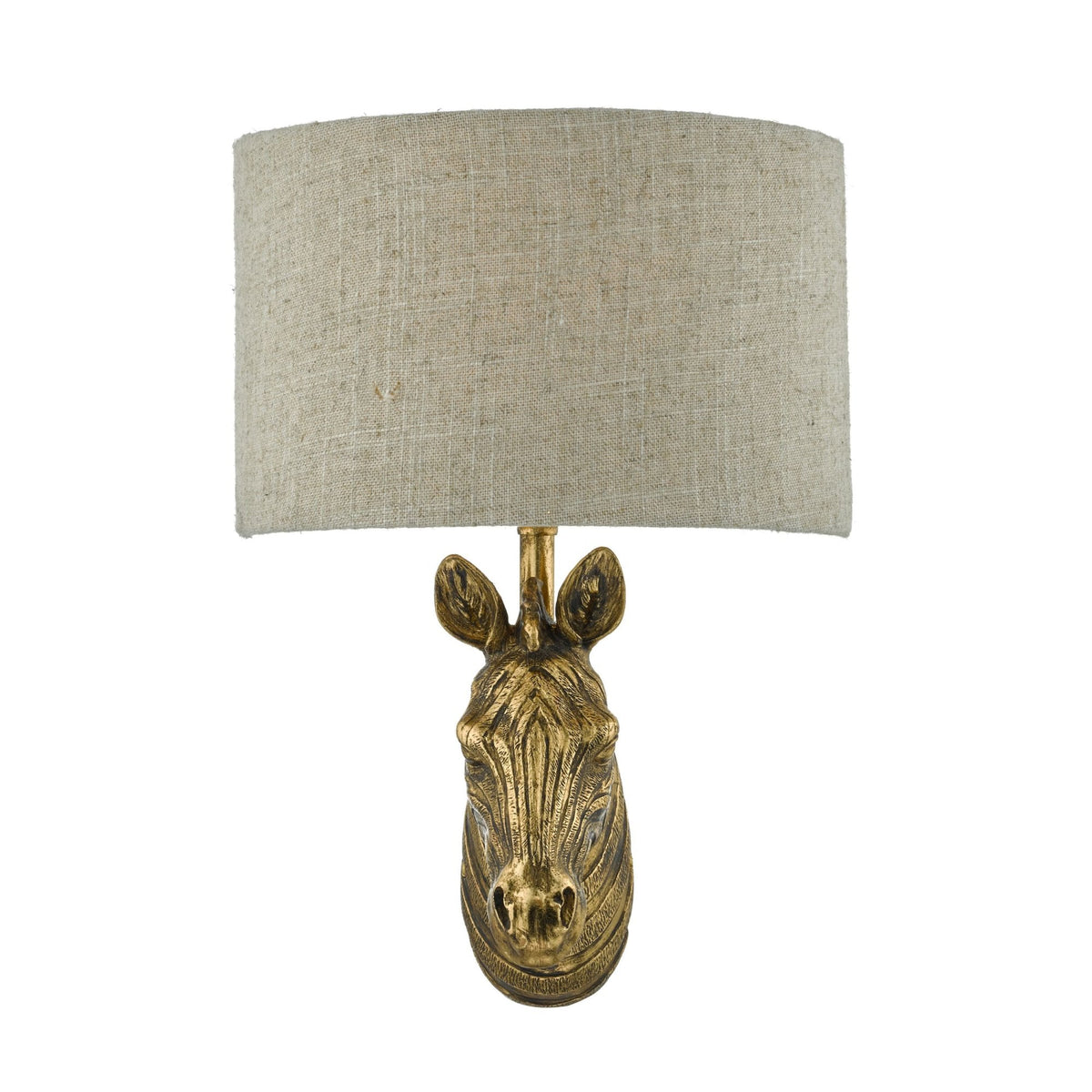 Gold zebra head wall sconce with a natural linen shade.