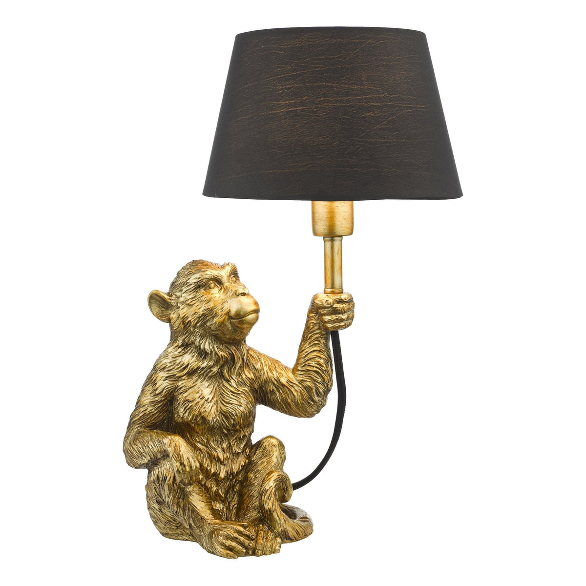 Zira Monkey Table Lamp In Gold With Black Faux Silk Shade