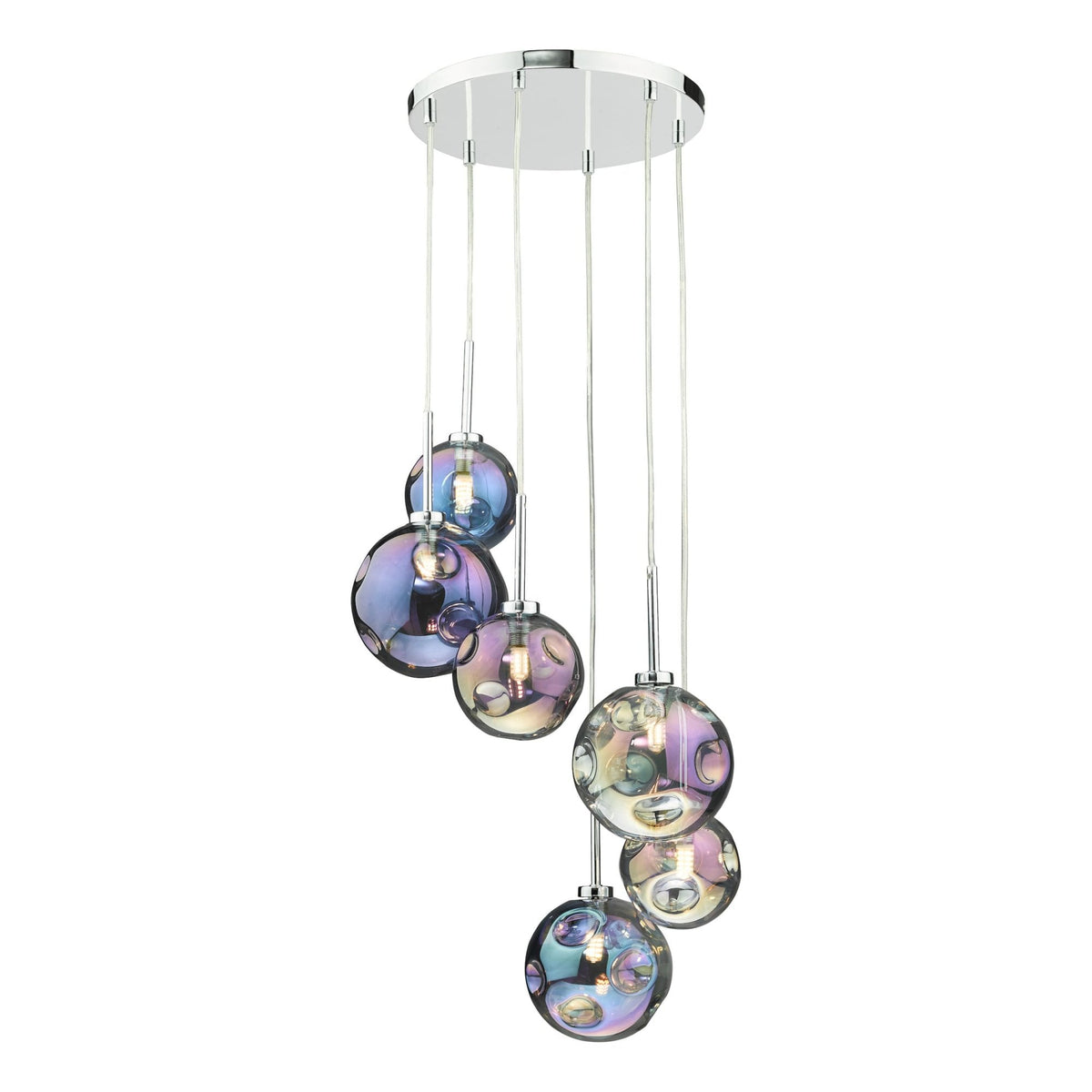 A modern chandelier with six iridescent glass globes, each containing a light bulb, hanging from a chrome ceiling plate.