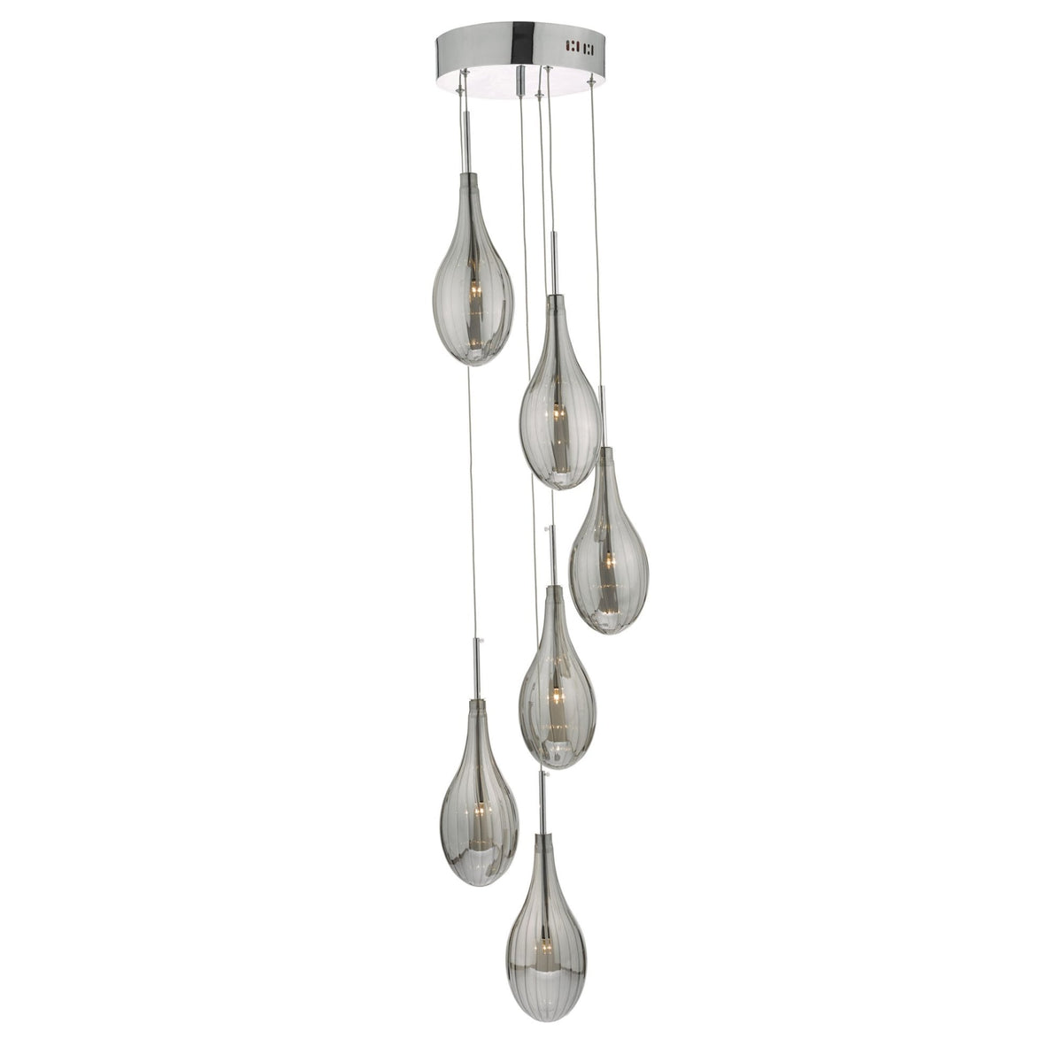 Modern chandelier with six teardrop-shaped, ribbed glass shades hanging from a chrome base.