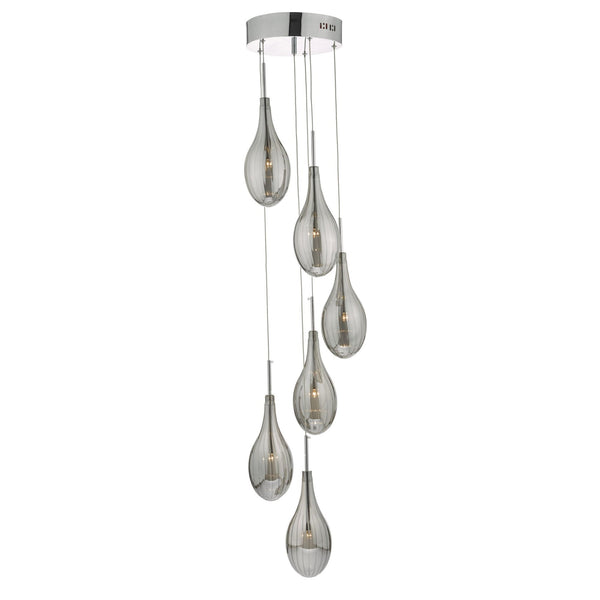 A contemporary ceiling light featuring multiple teardrop-shaped smoked glass pendants.
