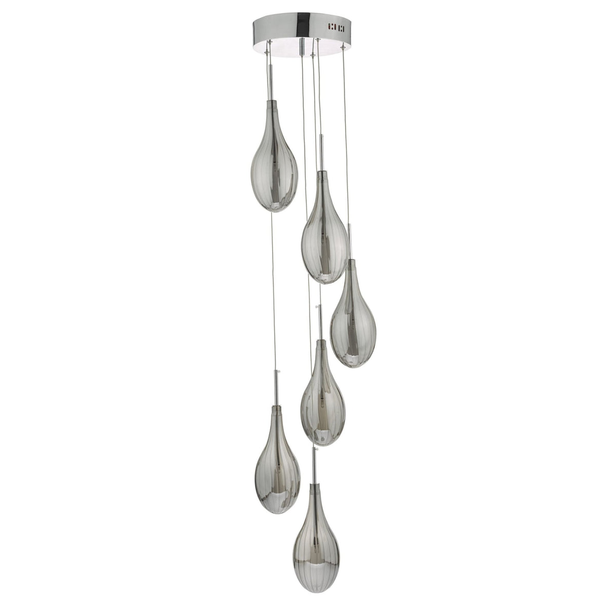 Modern chandelier with six teardrop-shaped, ribbed glass shades hanging from a chrome base.