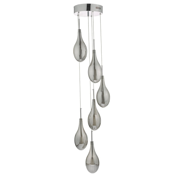 A modern chrome and smoked glass pendant light fitting for contemporary interiors.