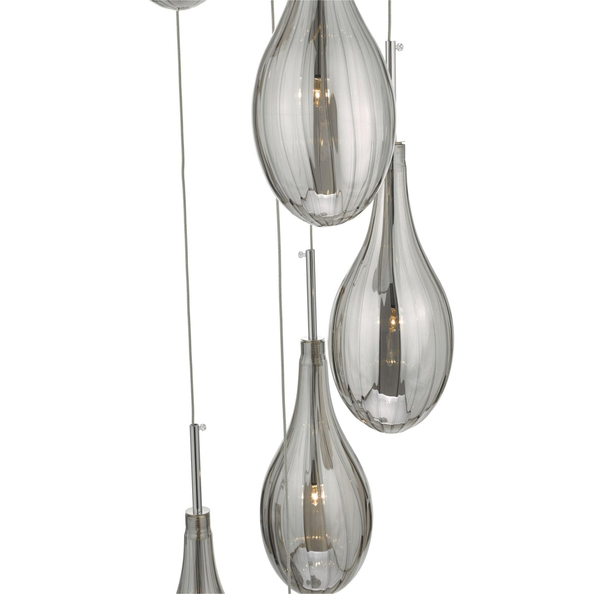 Modern pendant light with multiple teardrop-shaped, ribbed glass shades, each containing an illuminated bulb.