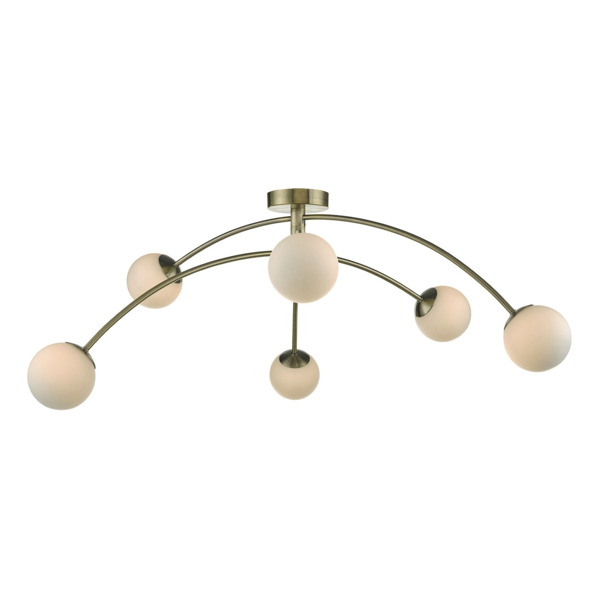 Antique brass ceiling light with six opal glass globe shades on curved arms.