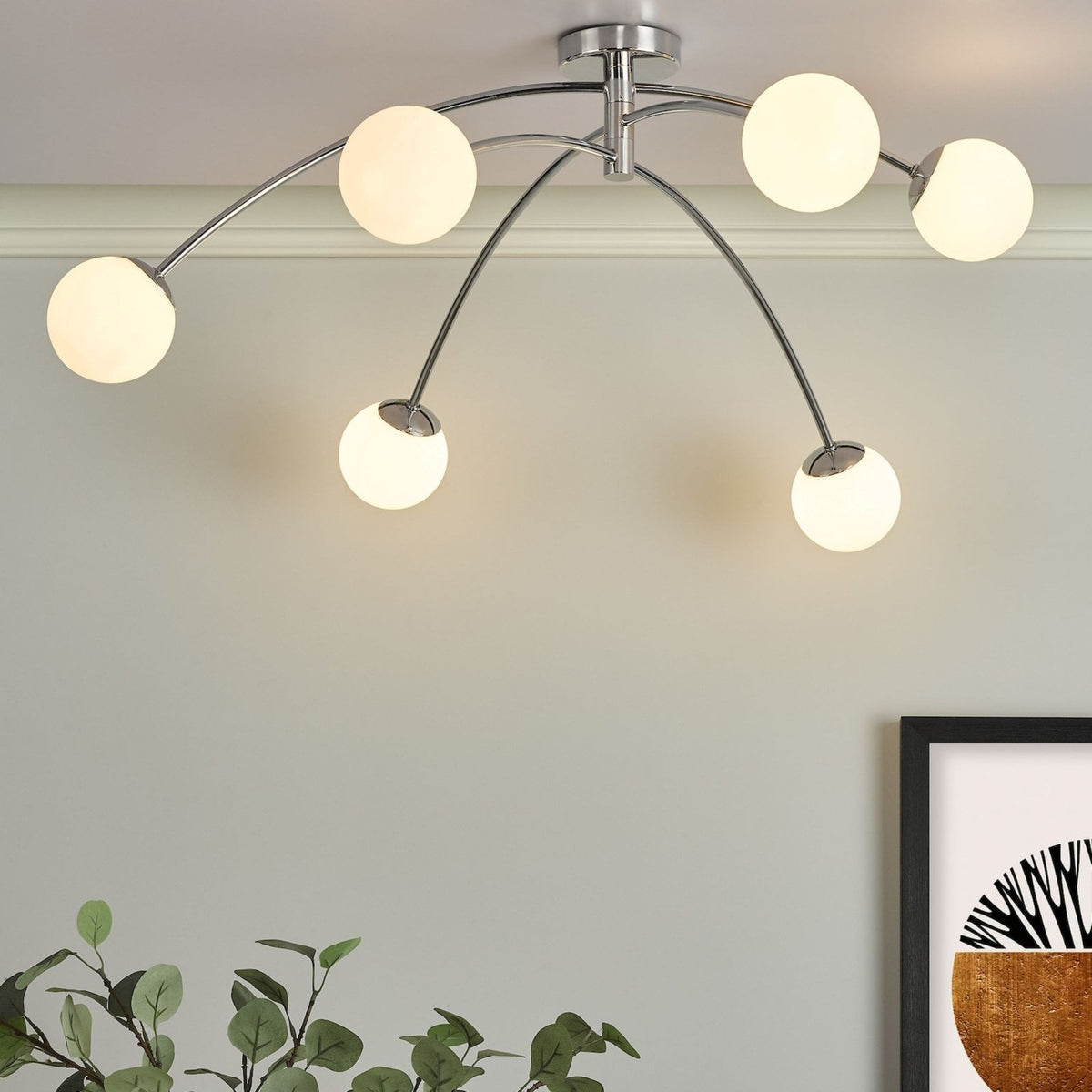 Puglia 6 Light Semi Flush Ceiling Light In Polished Chrome With Opal Glass Shades