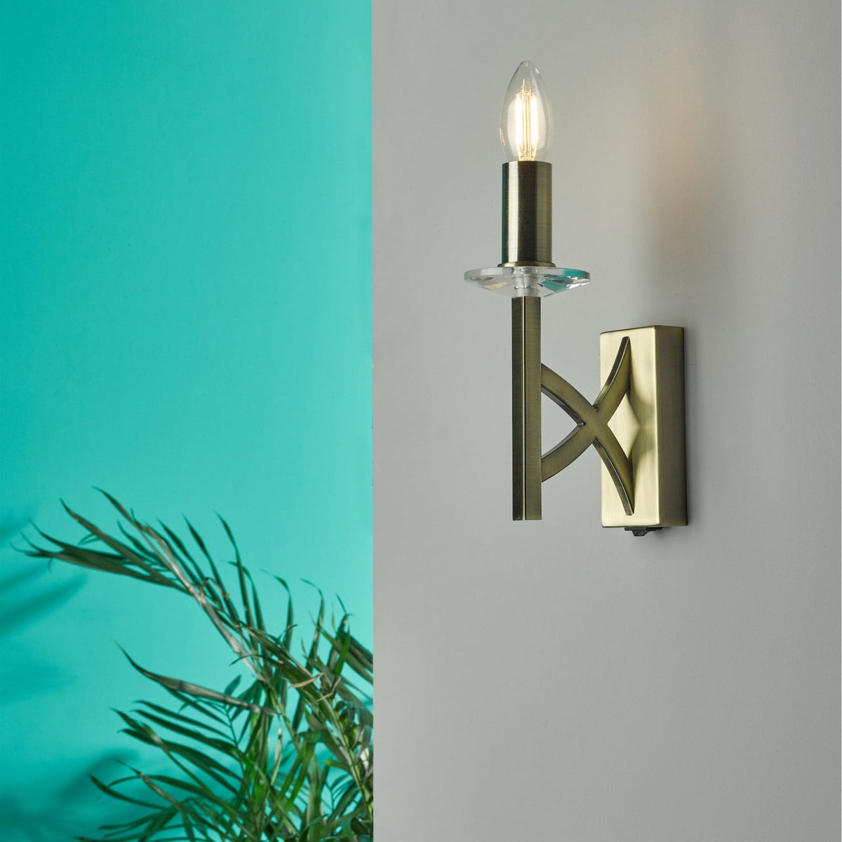 Lyon Switched Wall Light In Antique Brass With Crystal Detail