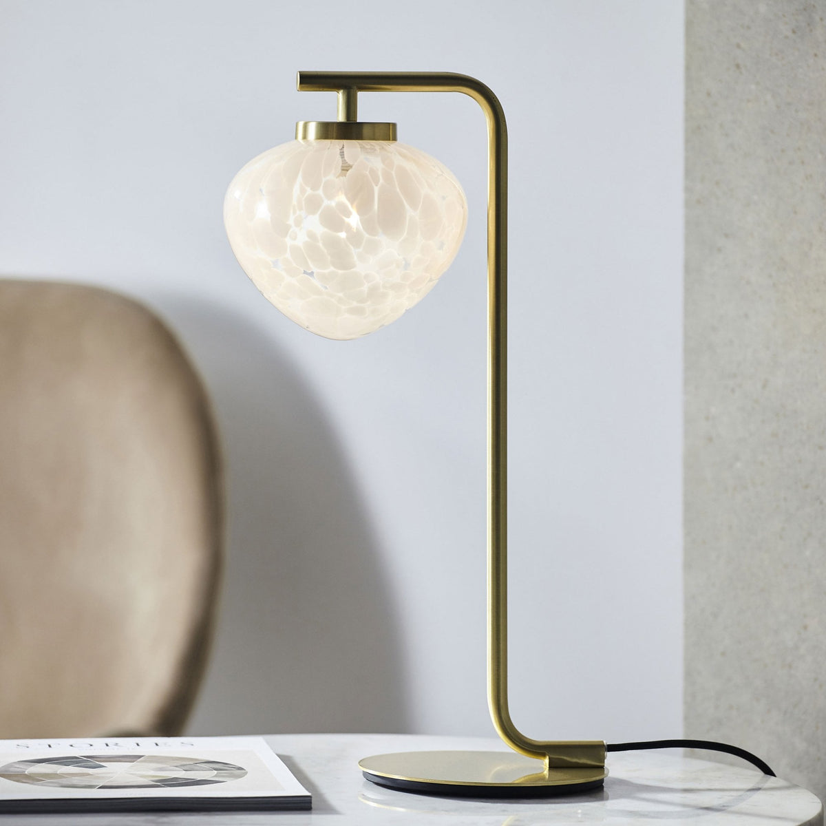 Mali Table Lamp in Satin Brass with White Confetti Glass Shade