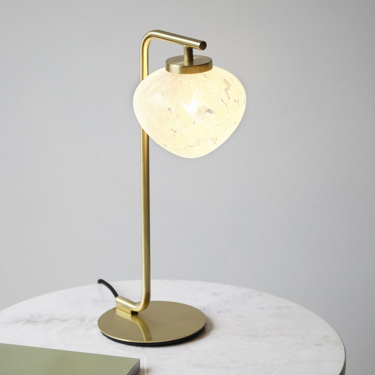 Mali Table Lamp in Satin Brass with White Confetti Glass Shade