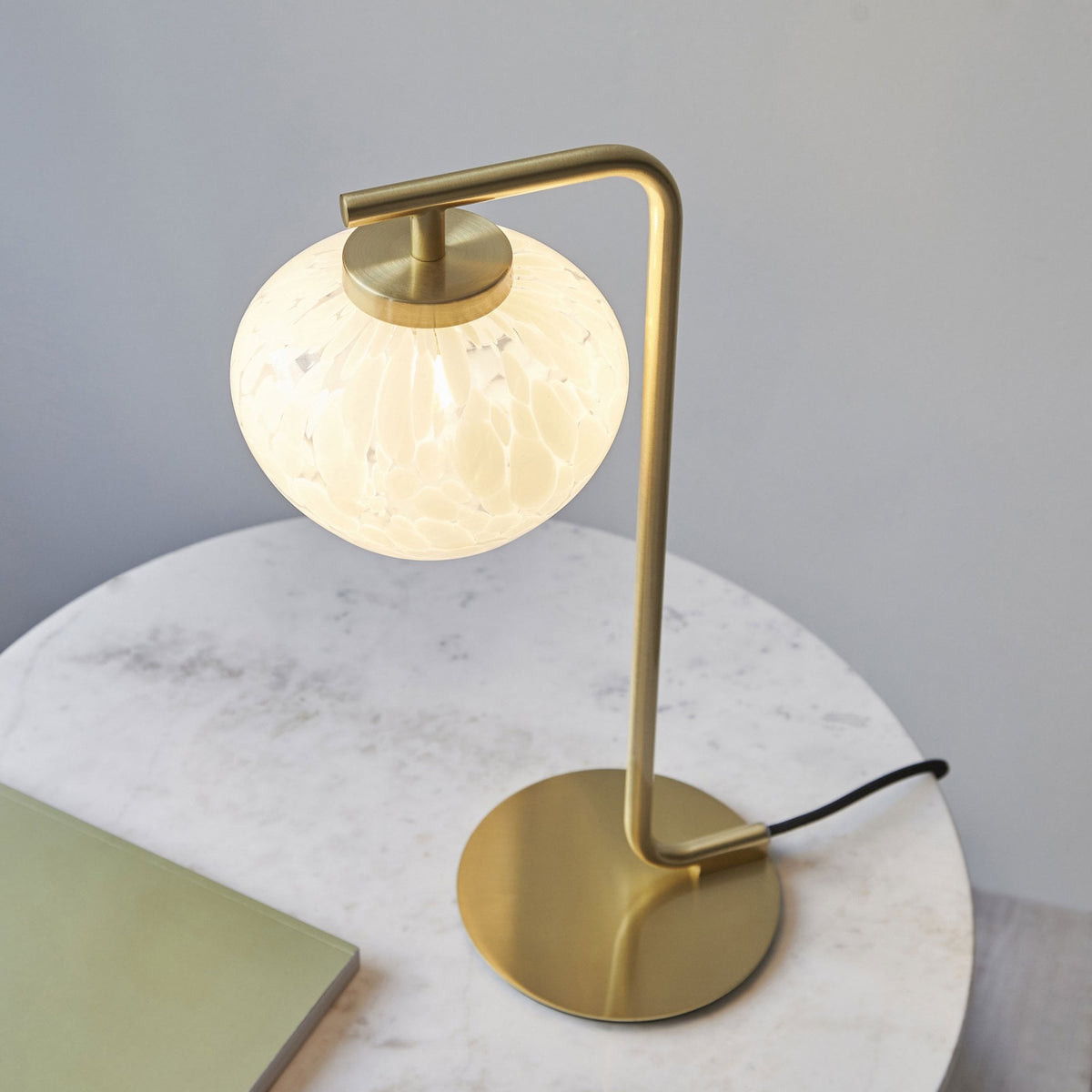 Mali Table Lamp in Satin Brass with White Confetti Glass Shade