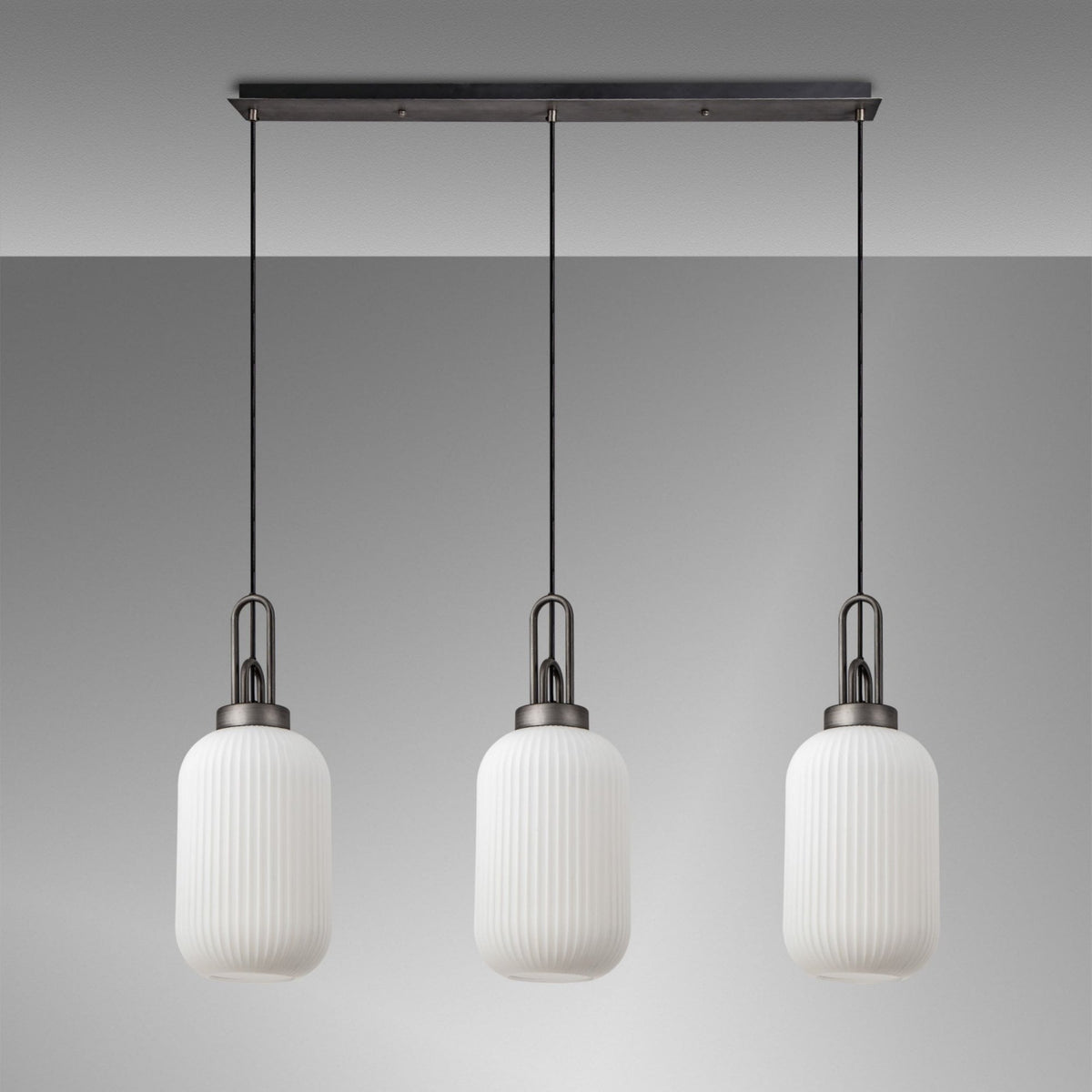 Atherington Tubular 3 Drop Linear Pendant in Aged Pewter & Matt Black with Opal Shades
