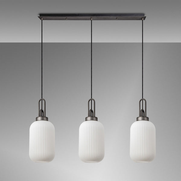 Atherington Tubular 3 Drop Linear Pendant in Aged Pewter & Matt Black with Opal Shades