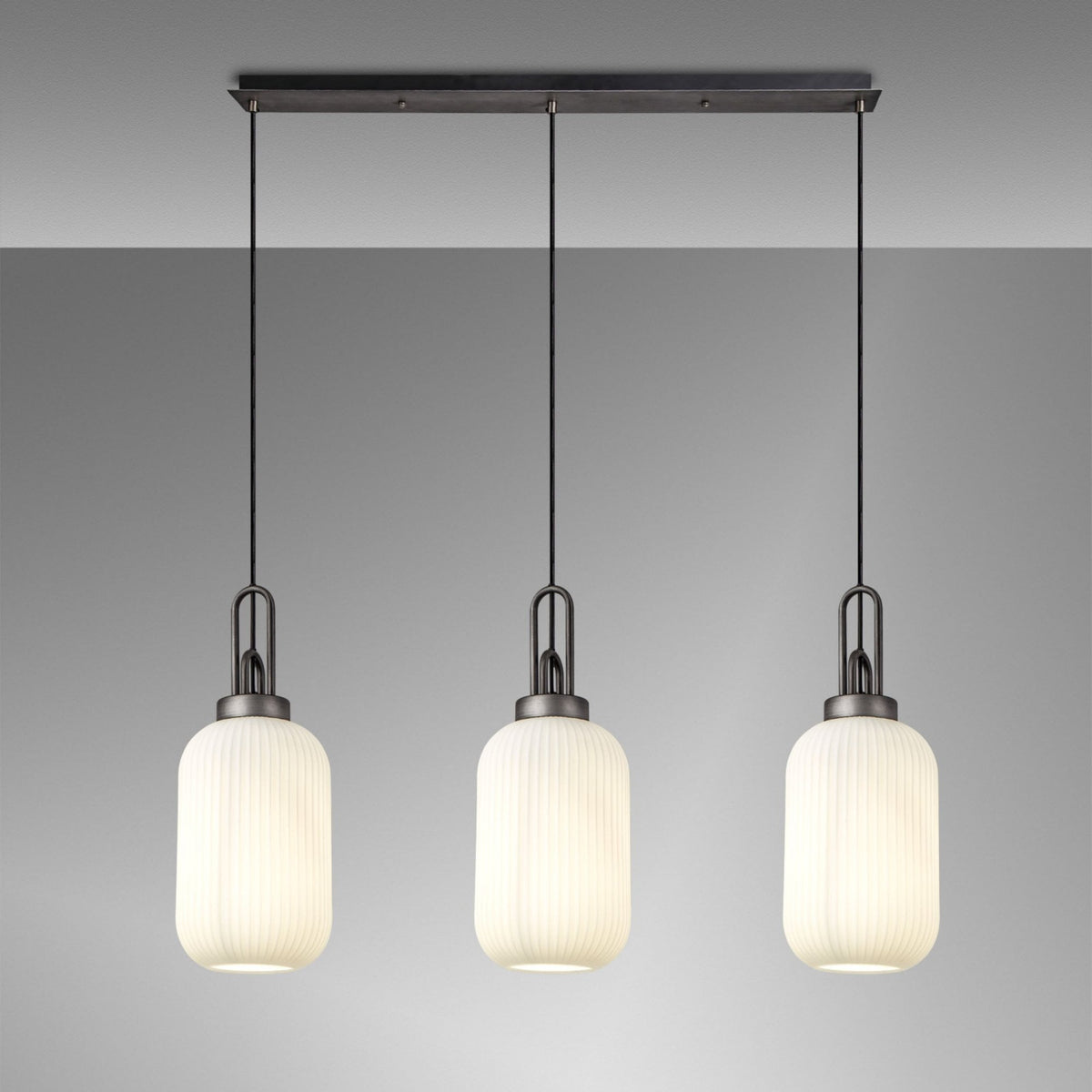 Atherington Tubular 3 Drop Linear Pendant in Aged Pewter & Matt Black with Opal Shades