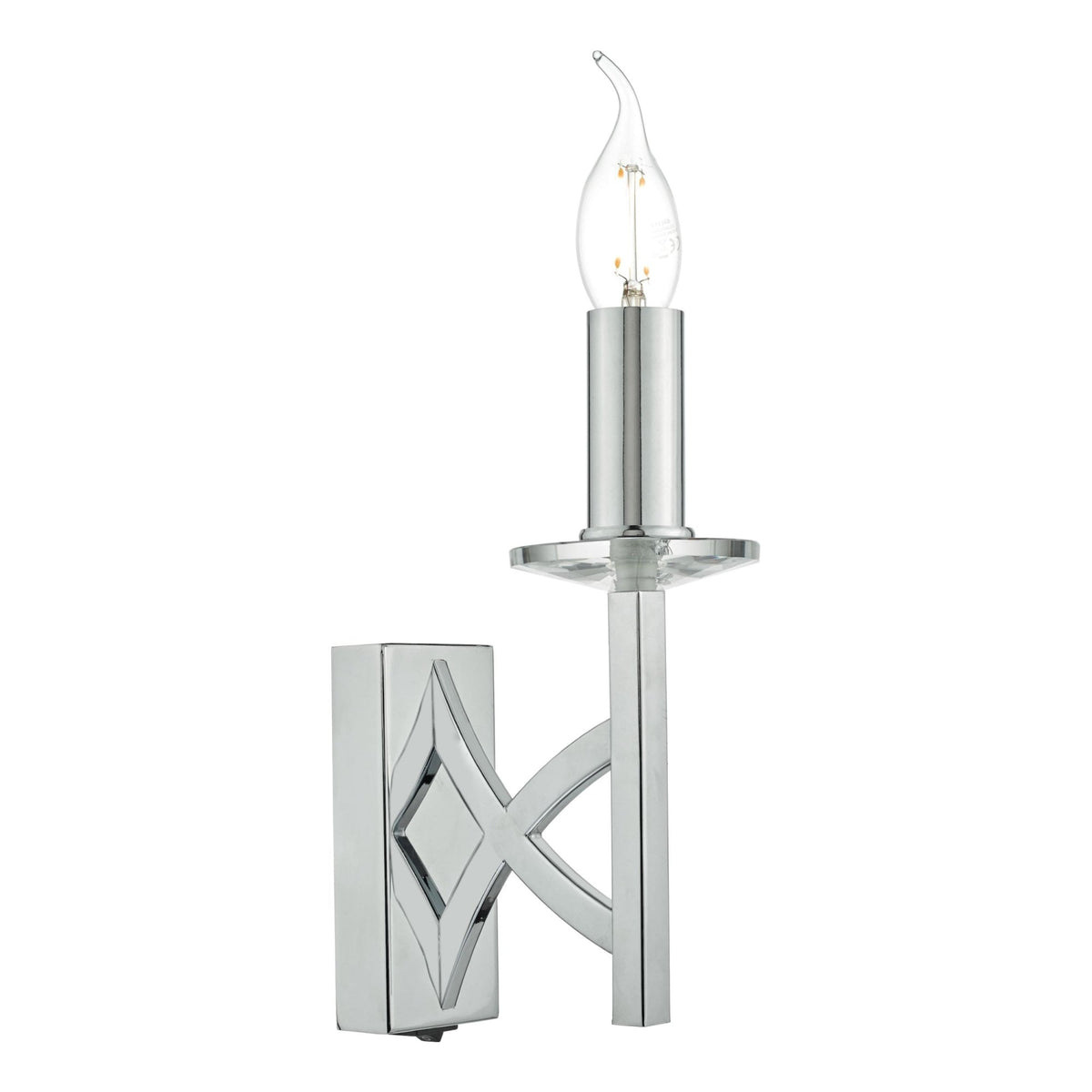 Polished chrome wall light with a decorative backplate and a clear candle-shaped bulb.