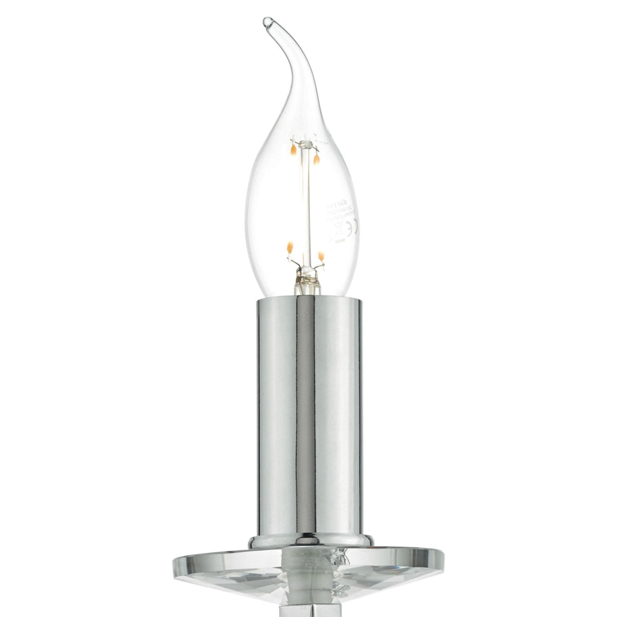 Clear, flame-tip LED bulb with a chrome base and faceted crystal accent.