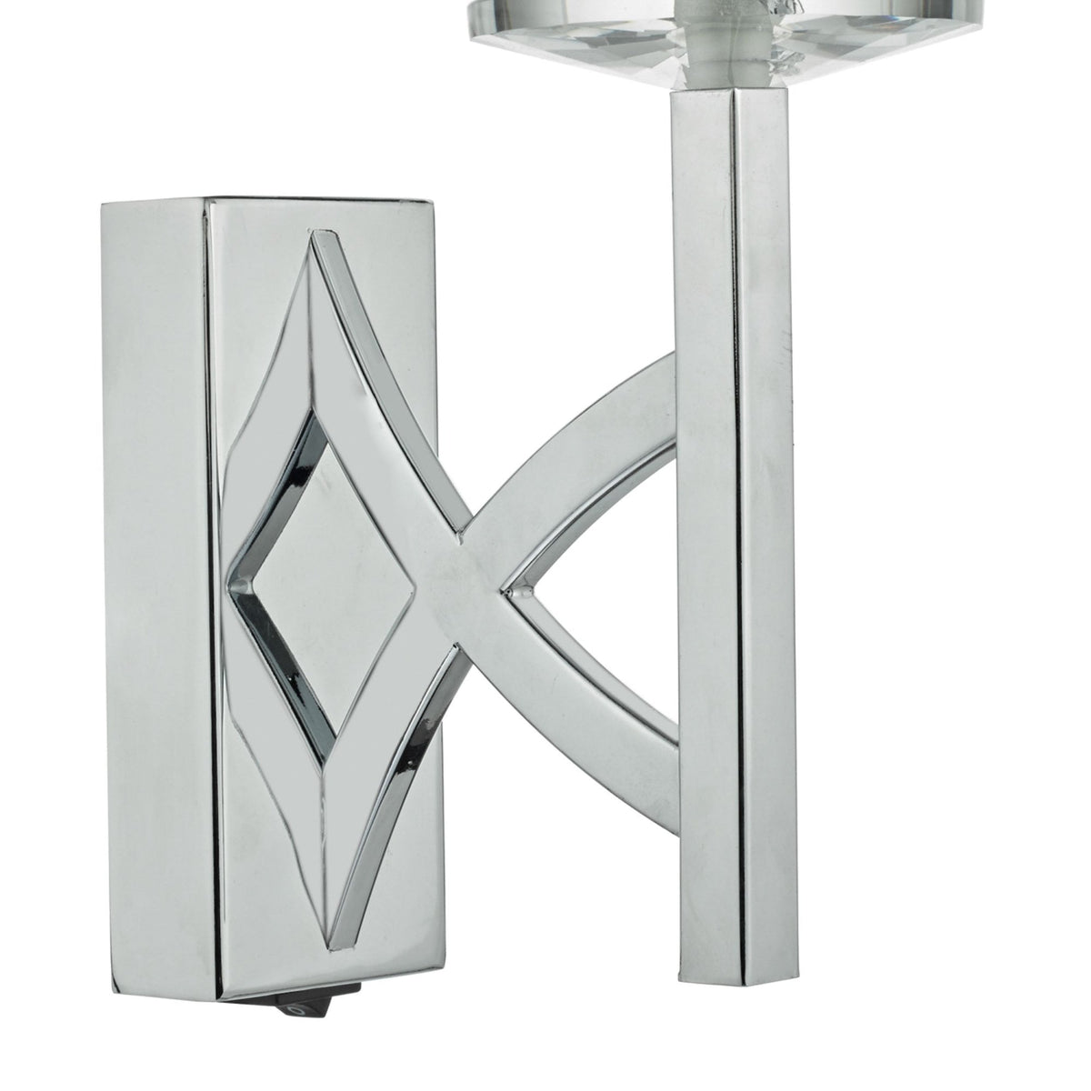 Chrome wall sconce with a diamond-shaped backplate and a clear crystal bobeche.