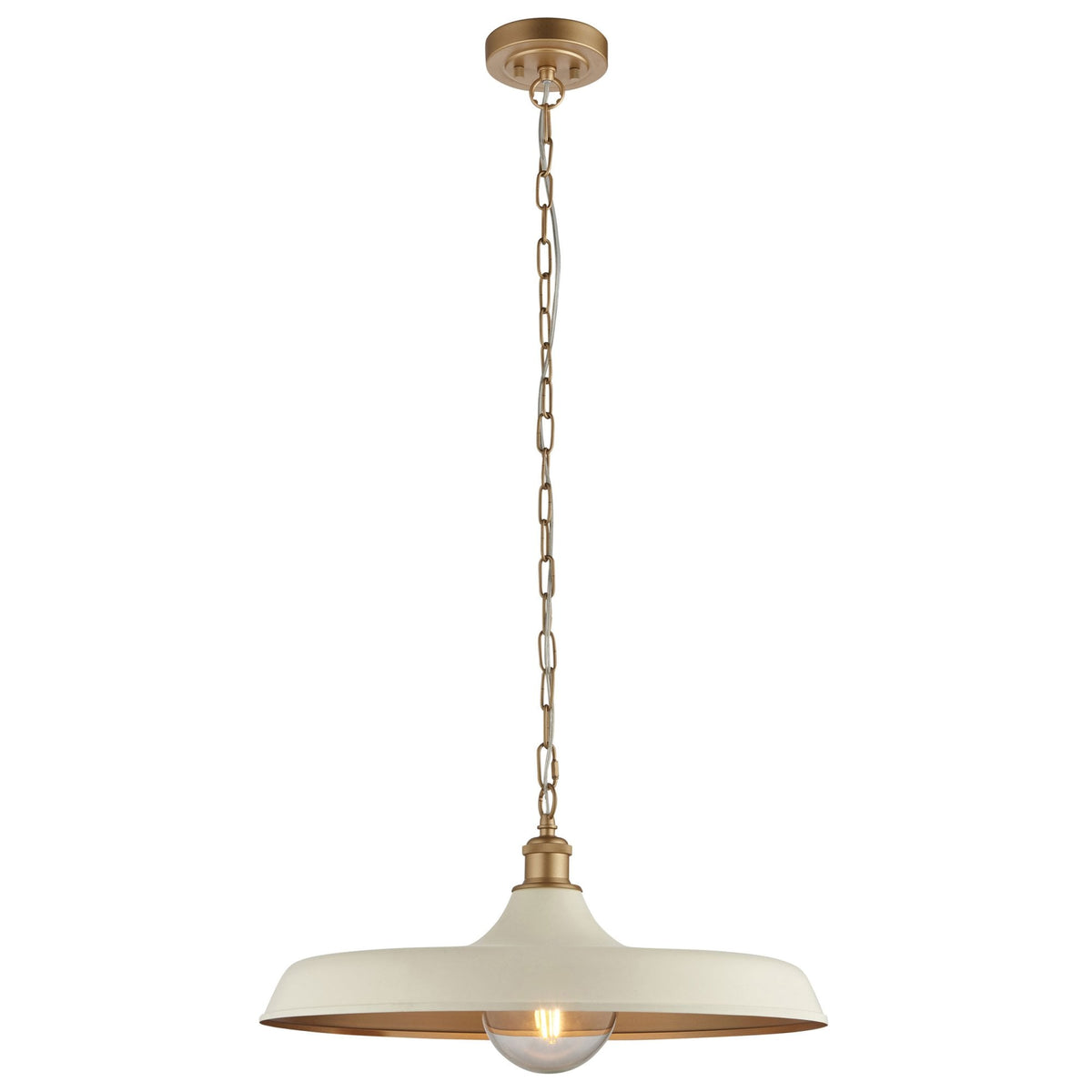Cream-colored pendant light with a brass chain and exposed bulb on a white background.