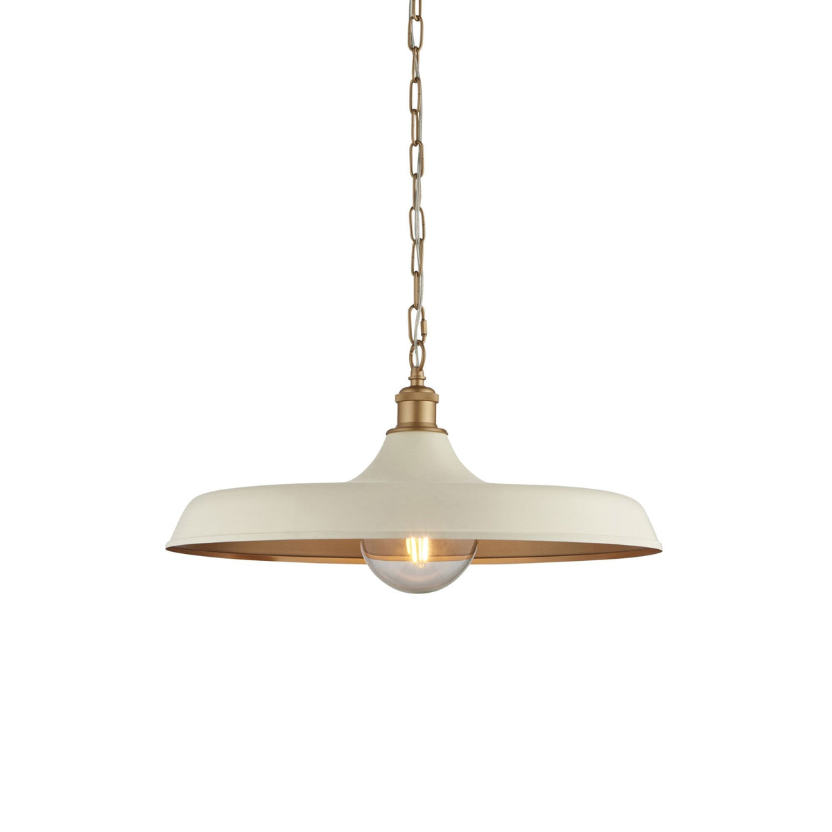 Cream-colored pendant light with a brass chain and an exposed, round bulb.