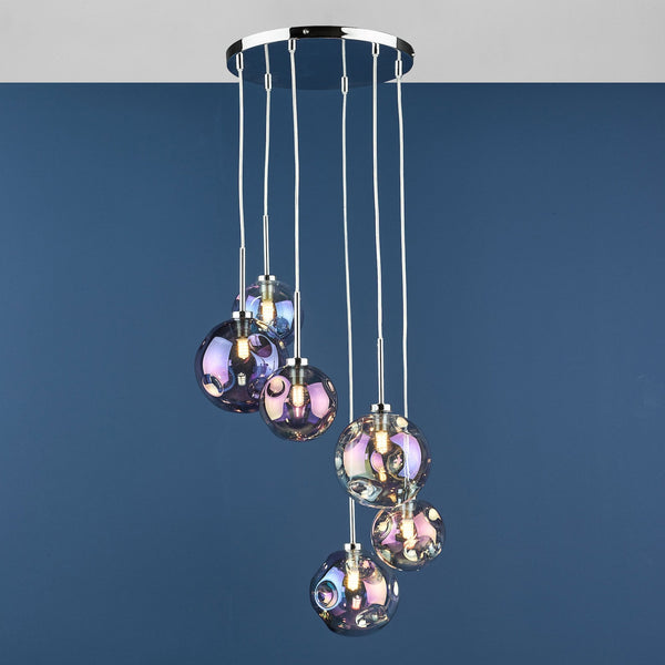 Mira 6 Light Cluster Pendant In Polished Chrome With Iridescent Glass Glass Shades