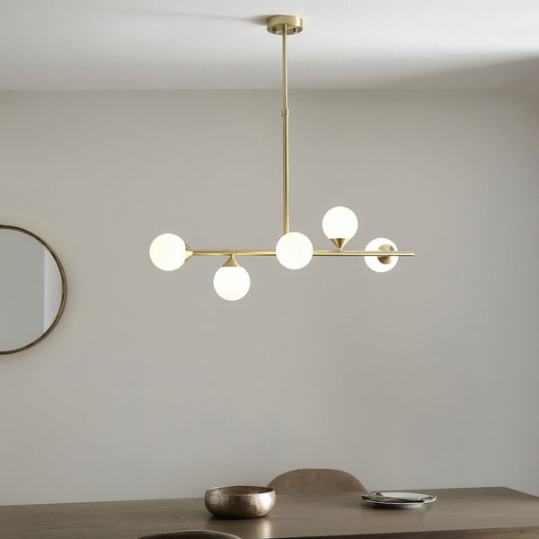 Sturminster Linear Pendant in Brushed Brass with Gloss Opal Glass Shades